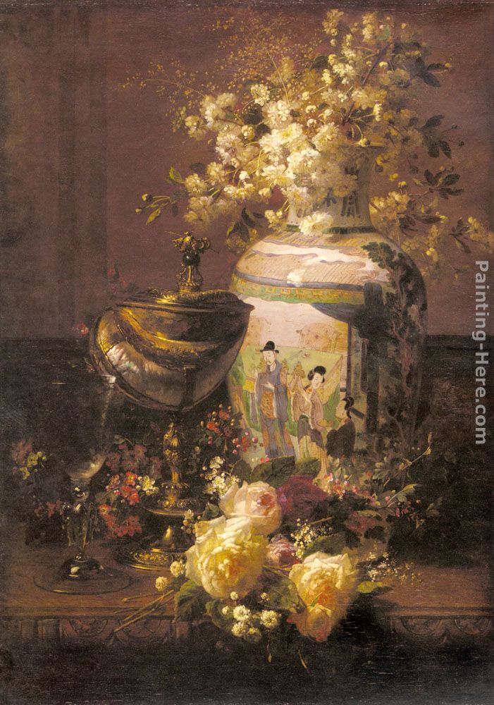 Still Life With Japanese Vase And Flowers painting - Jean-Baptiste Robie Still Life With Japanese Vase And Flowers art painting